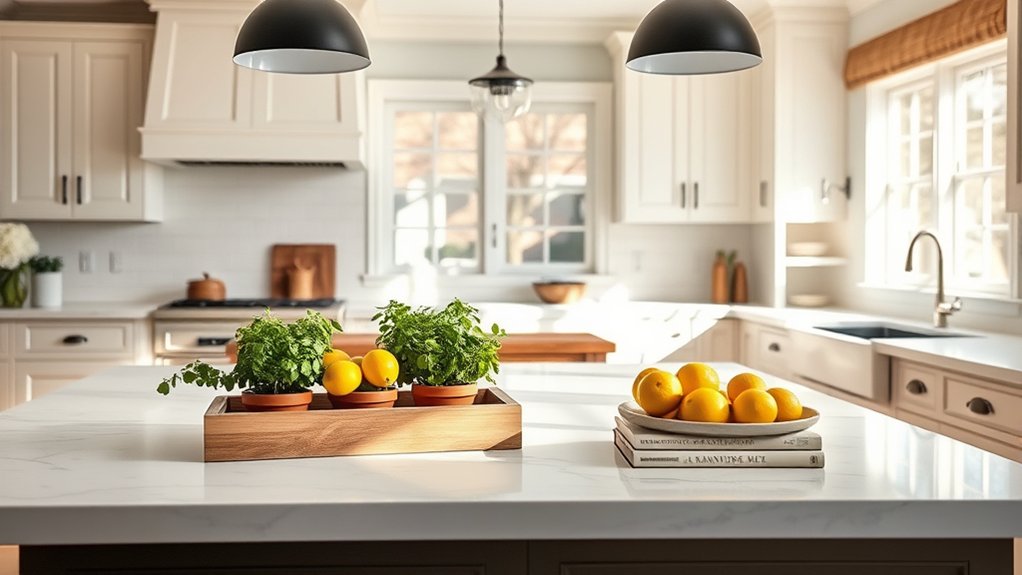 How to Decorate a Kitchen Island With 3 Simple Tips 2 matching materials and lighting