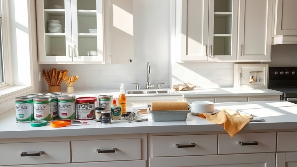 How to Repaint Kitchen Cabinets in 7 Easy Steps 2 prepare workspace with supplies